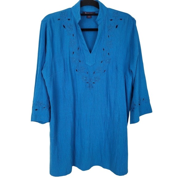 Roaman's Tops - Roaman's Blouse 12 Womens Blue Die Cut 3/4 Sleeve V Neck Pullover Tunic Top